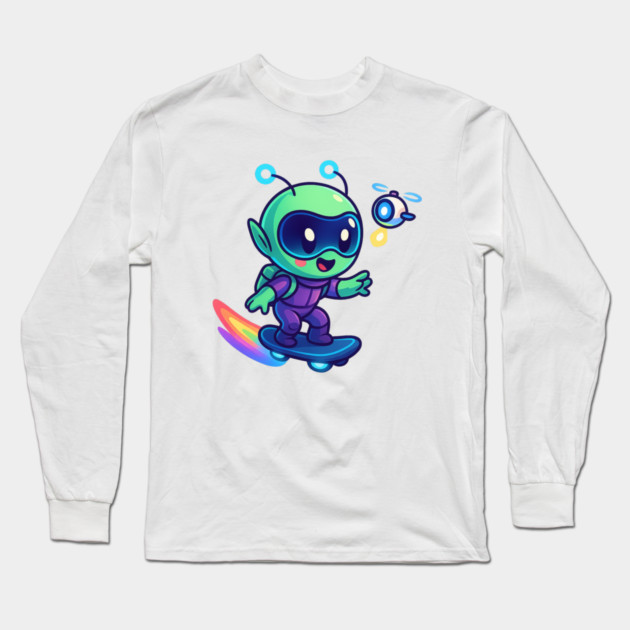 Riding Tomorrow – Cute Alien on Rainbow Space Board | Wholesome Tomorrow Sprouts Tee Long Sleeve T-Shirt by Anne Lee