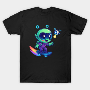 Riding Tomorrow – Cute Alien on Rainbow Space Board | Wholesome Tomorrow Sprouts Tee T-Shirt