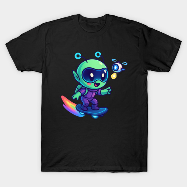 Riding Tomorrow – Cute Alien on Rainbow Space Board | Wholesome Tomorrow Sprouts Tee T-Shirt by Anne Lee