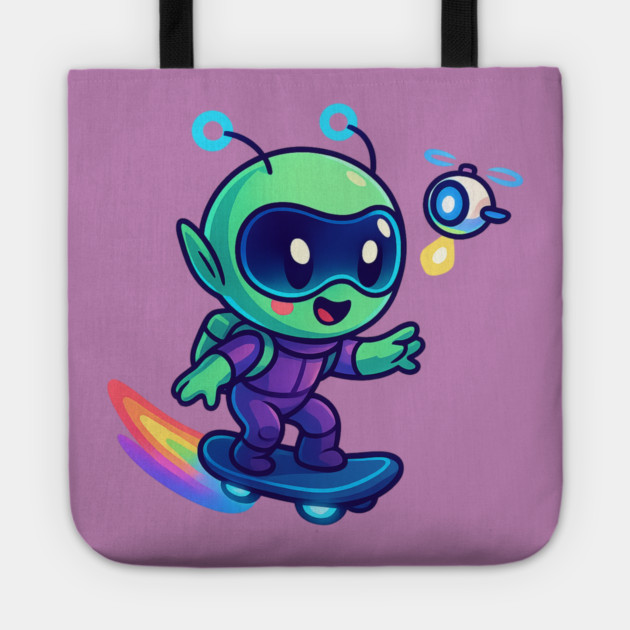 Riding Tomorrow – Cute Alien on Rainbow Space Board | Wholesome Tomorrow Sprouts Tee Tote by Anne Lee
