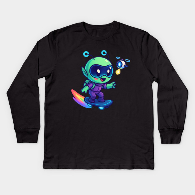 Riding Tomorrow – Cute Alien on Rainbow Space Board | Wholesome Tomorrow Sprouts Tee Kids Long Sleeve T-Shirt by Anne Lee