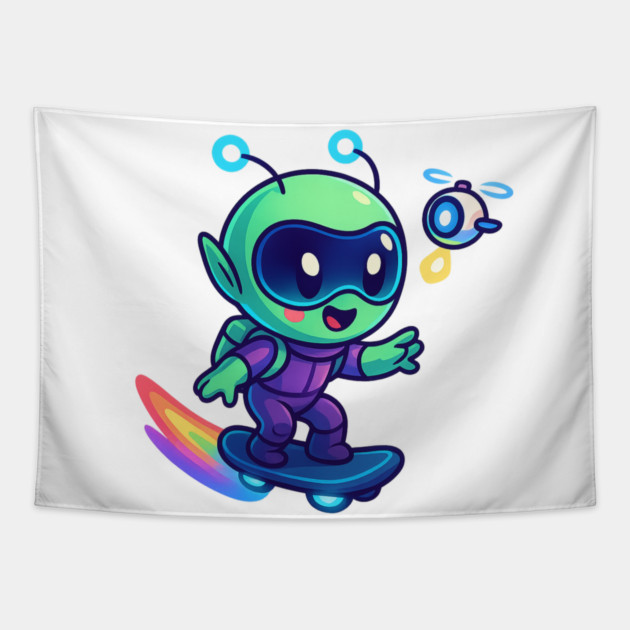Riding Tomorrow – Cute Alien on Rainbow Space Board | Wholesome Tomorrow Sprouts Tee Tapestry by Anne Lee