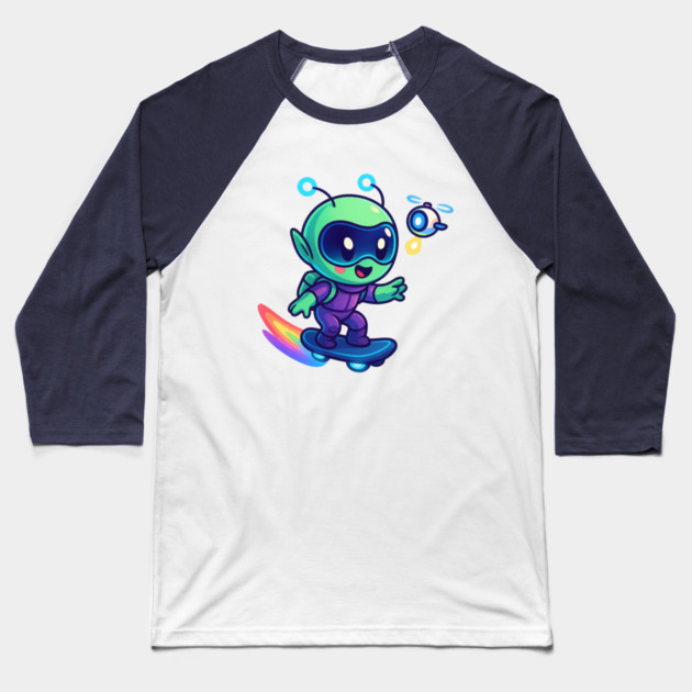 Riding Tomorrow – Cute Alien on Rainbow Space Board | Wholesome Tomorrow Sprouts Tee Baseball T-Shirt by Anne Lee