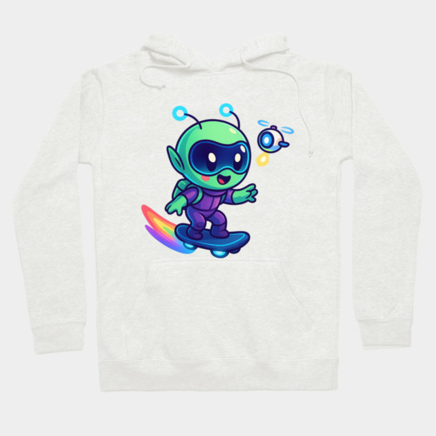 Riding Tomorrow – Cute Alien on Rainbow Space Board | Wholesome Tomorrow Sprouts Tee Hoodie by Anne Lee