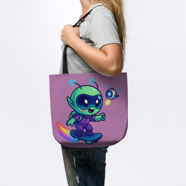 Riding Tomorrow – Cute Alien on Rainbow Space Board | Wholesome Tomorrow Sprouts Tee by Anne Lee