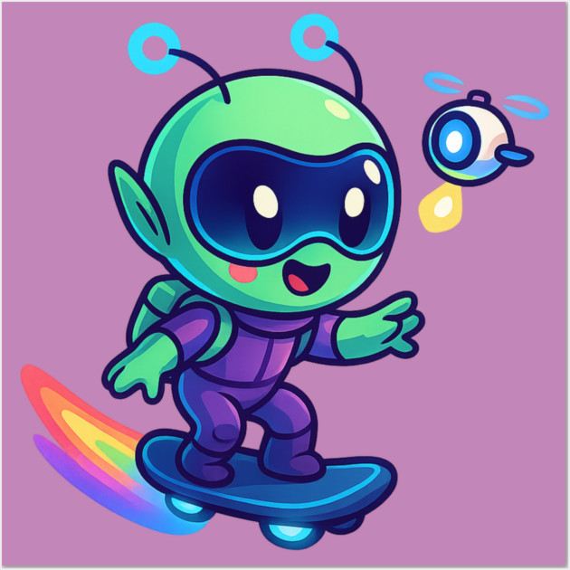 Riding Tomorrow – Cute Alien on Rainbow Space Board | Wholesome Tomorrow Sprouts Tee Wall Art by Anne Lee
