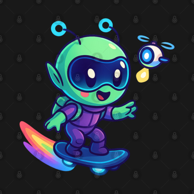 Riding Tomorrow – Cute Alien on Rainbow Space Board | Wholesome Tomorrow Sprouts Tee by Anne Lee