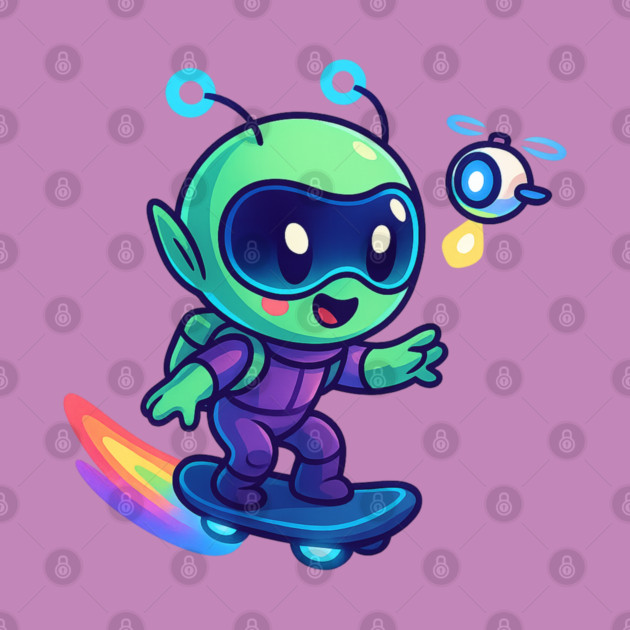 Riding Tomorrow – Cute Alien on Rainbow Space Board | Wholesome Tomorrow Sprouts Tee by Anne Lee
