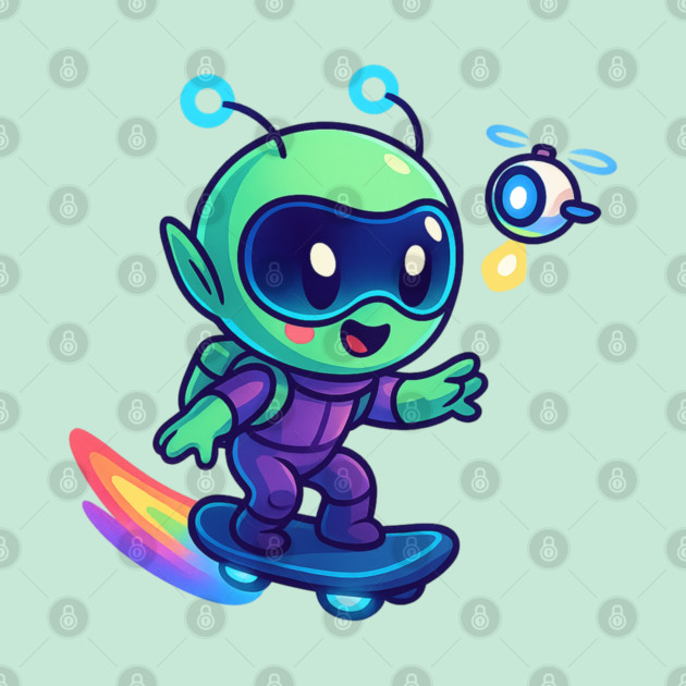 Riding Tomorrow – Cute Alien on Rainbow Space Board | Wholesome Tomorrow Sprouts Tee by Anne Lee