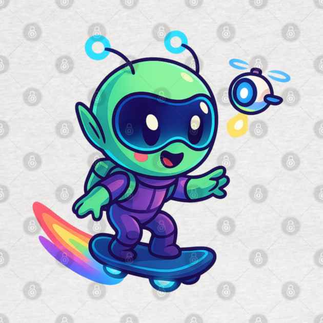 Riding Tomorrow – Cute Alien on Rainbow Space Board | Wholesome Tomorrow Sprouts Tee by Anne Lee