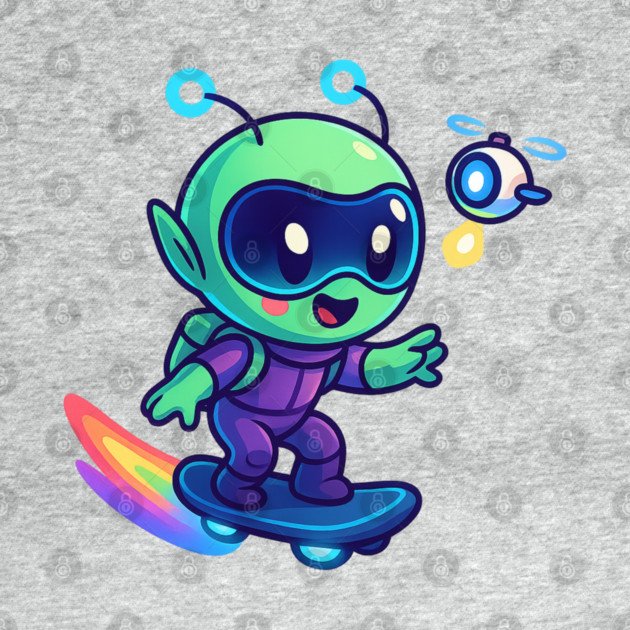 Riding Tomorrow – Cute Alien on Rainbow Space Board | Wholesome Tomorrow Sprouts Tee by Anne Lee