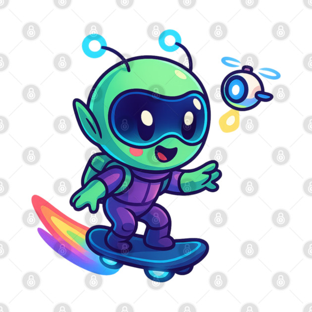 Riding Tomorrow – Cute Alien on Rainbow Space Board | Wholesome Tomorrow Sprouts Tee by Anne Lee