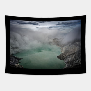 An unreal vision of the crater shrouded in smoke. Tapestry