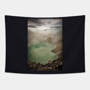 An unreal vision of the crater shrouded in smoke. Tapestry