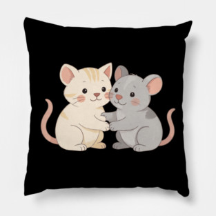 Cute Cat and Mouse Holding Paws Pillow