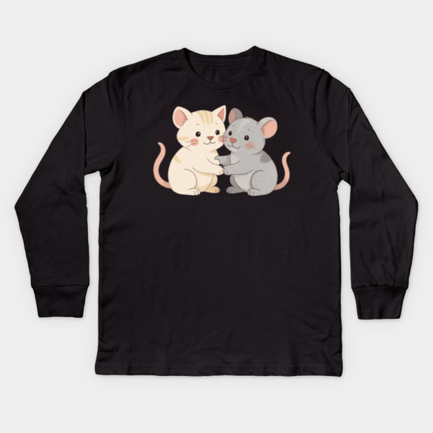 Cute Cat and Mouse Holding Paws Kids Long Sleeve T-Shirt by khaireddine