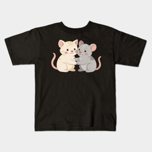 Cute Cat and Mouse Holding Paws Kids T-Shirt by khaireddine