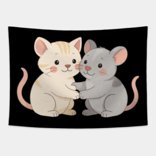 Cute Cat and Mouse Holding Paws Tapestry