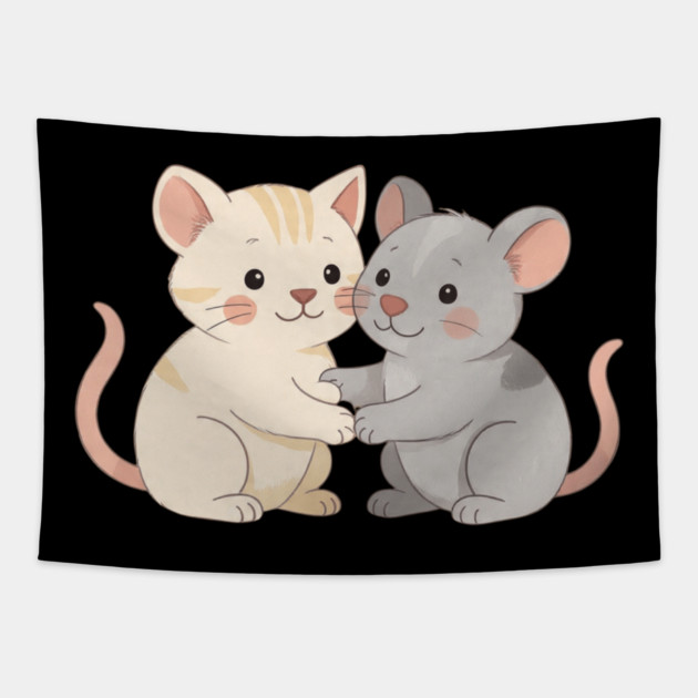 Cute Cat and Mouse Holding Paws Tapestry by khaireddine