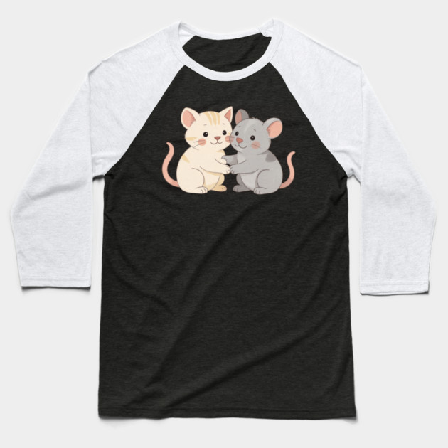 Cute Cat and Mouse Holding Paws Baseball T-Shirt by khaireddine