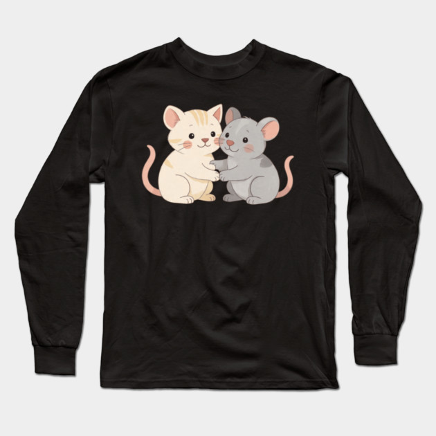 Cute Cat and Mouse Holding Paws Long Sleeve T-Shirt by khaireddine