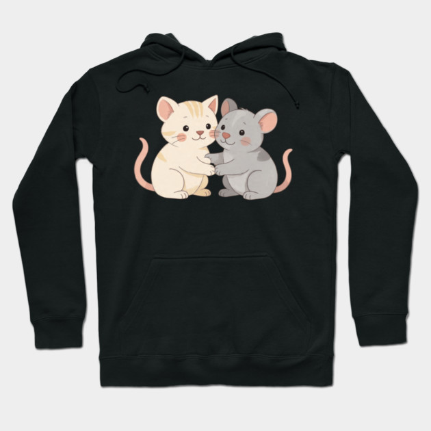 Cute Cat and Mouse Holding Paws Hoodie by khaireddine
