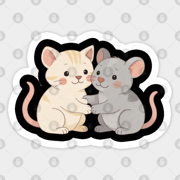 Cute Cat and Mouse Holding Paws Sticker by khaireddine