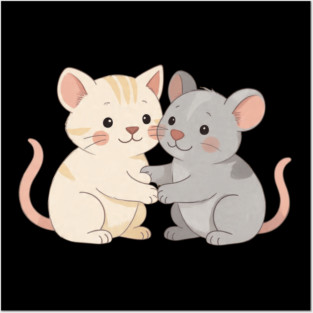 Cute Cat and Mouse Holding Paws Posters and Art