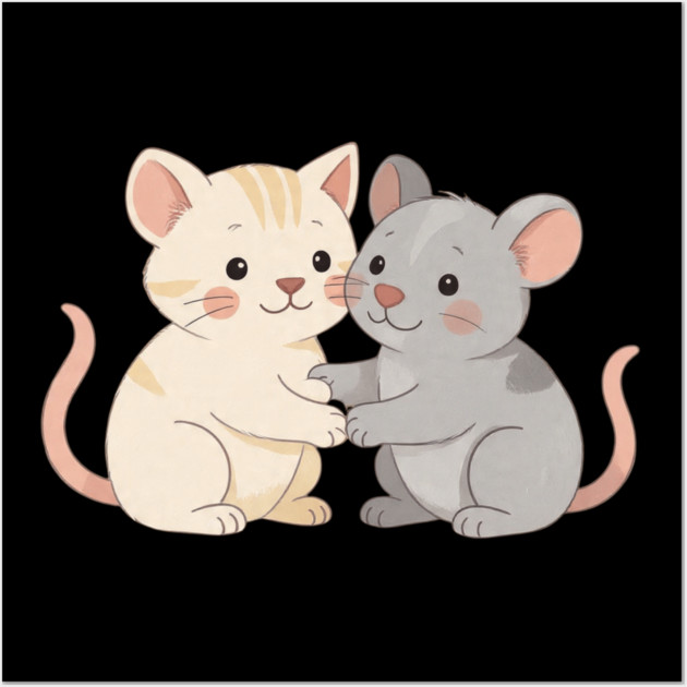 Cute Cat and Mouse Holding Paws Wall Art by khaireddine