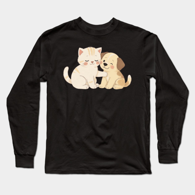 Kitten and Puppy Best Friends Hug Long Sleeve T-Shirt by khaireddine