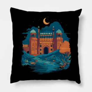 Pakistani cultural illustration with Lahore Fort and Mohenjo-Daro Pillow