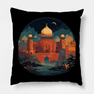 Pakistani cultural illustration with Lahore Fort and Mohenjo-Daro Pillow
