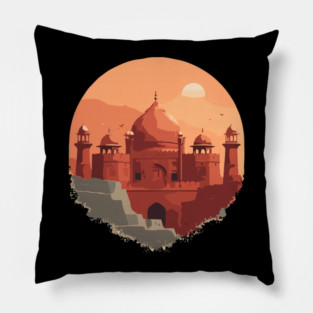 Pakistani cultural illustration with Lahore Fort and Mohenjo-Daro Pillow