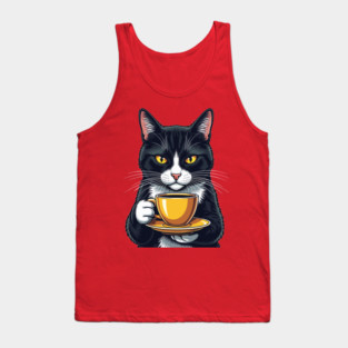 Smug Black Cat Sipping Steamy Coffee Tank Top