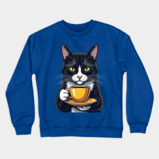 Smug Black Cat Sipping Steamy Coffee Crewneck Sweatshirt
