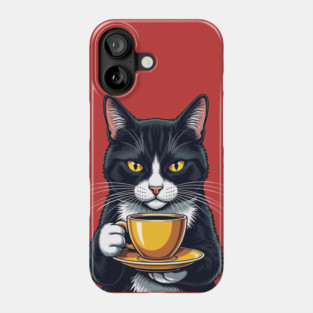 Smug Black Cat Sipping Steamy Coffee Phone Case