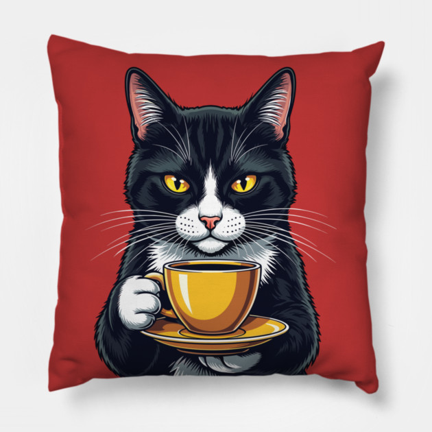 Smug Black Cat Sipping Steamy Coffee Pillow by enrynz