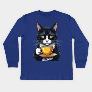 Smug Black Cat Sipping Steamy Coffee Kids Long Sleeve T-Shirt