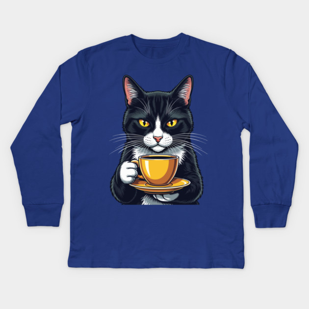 Smug Black Cat Sipping Steamy Coffee Kids Long Sleeve T-Shirt by enrynz