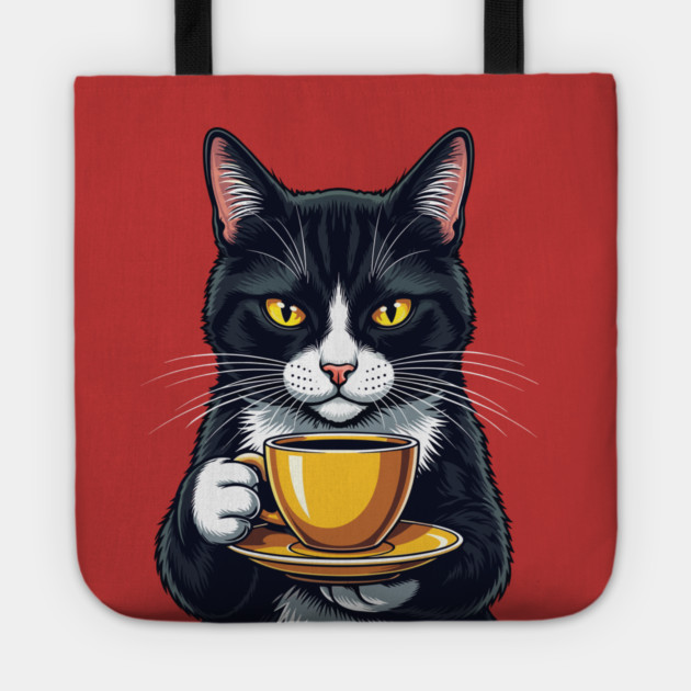 Smug Black Cat Sipping Steamy Coffee Tote by enrynz