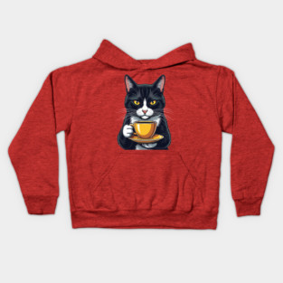 Smug Black Cat Sipping Steamy Coffee Kids Hoodie