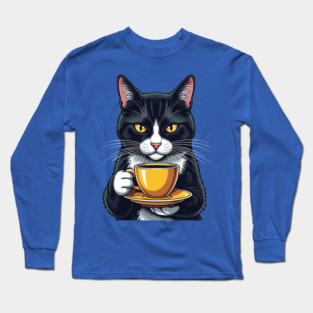 Smug Black Cat Sipping Steamy Coffee Long Sleeve T-Shirt