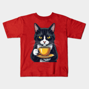 Smug Black Cat Sipping Steamy Coffee Kids T-Shirt