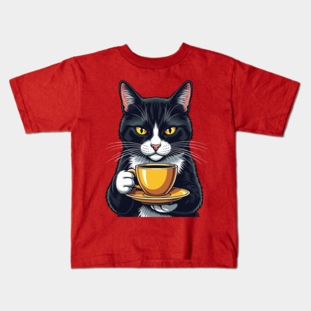 Smug Black Cat Sipping Steamy Coffee Kids T-Shirt by enrynz