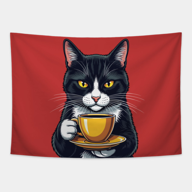 Smug Black Cat Sipping Steamy Coffee Tapestry by enrynz