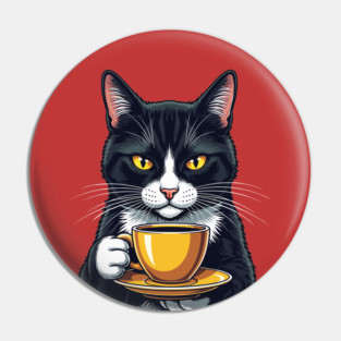 Smug Black Cat Sipping Steamy Coffee Pin