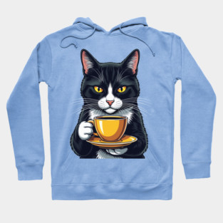 Smug Black Cat Sipping Steamy Coffee Hoodie