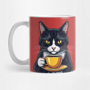 Smug Black Cat Sipping Steamy Coffee Mug