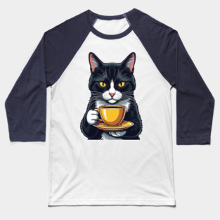 Smug Black Cat Sipping Steamy Coffee Baseball T-Shirt