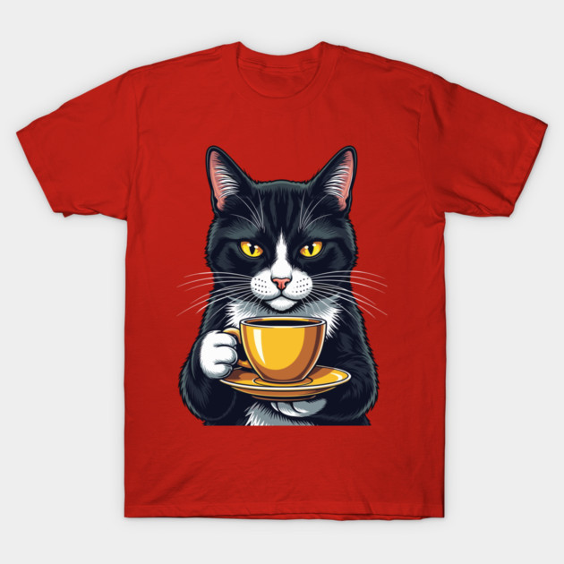 Smug Black Cat Sipping Steamy Coffee T-Shirt by enrynz